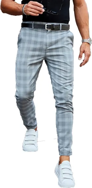 Mens Stretch Skinny Flat Front Pant Fashion Business Casual Chino Pants Formal Slim Fit Plaid Trousers