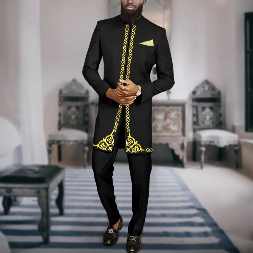Men`s Suit African Clothes Embroidery Blazer and Pants 2 Piece Set Formal Outfits Dashiki Attire