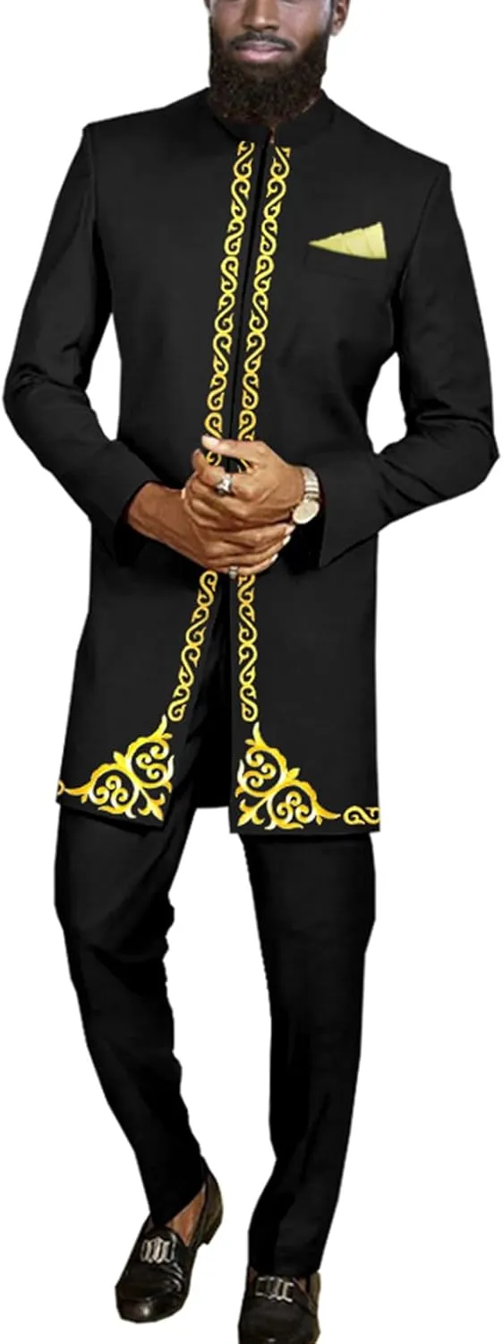 Men`s Suit African Clothes Embroidery Blazer and Pants 2 Piece Set Formal Outfits Dashiki Attire