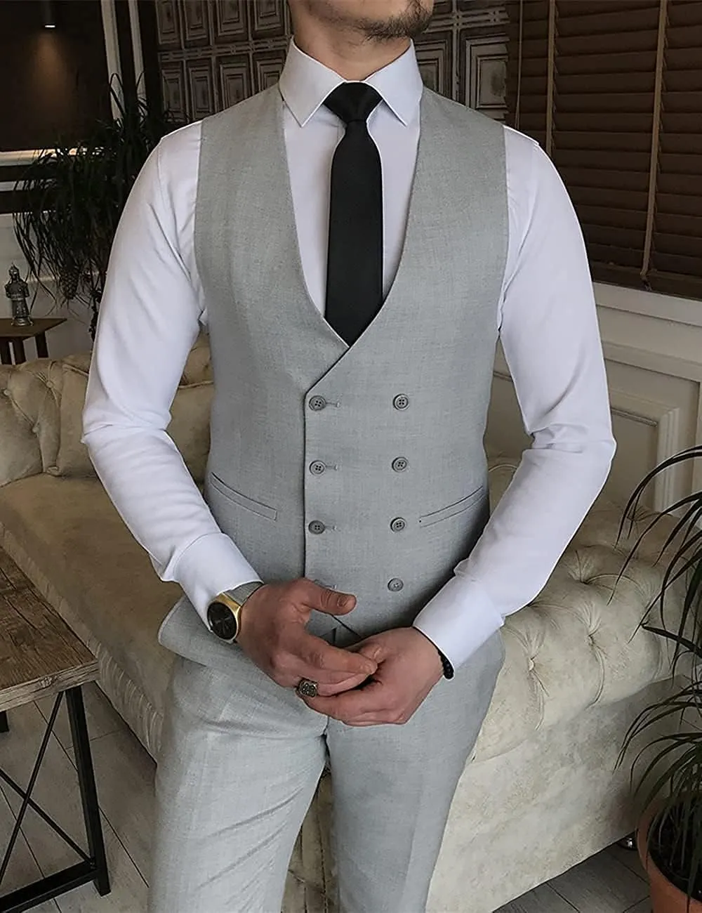 Mens Suit Slim Fit Double Breasted Vest Solid 3 Piece for Bridegroom Suit(Blazer Vest Pants)