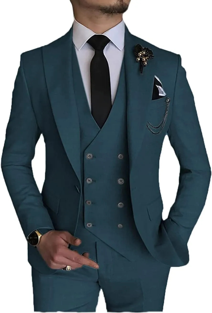 Mens Suit Slim Fit Double Breasted Vest Solid 3 Piece for Bridegroom Suit(Blazer Vest Pants)