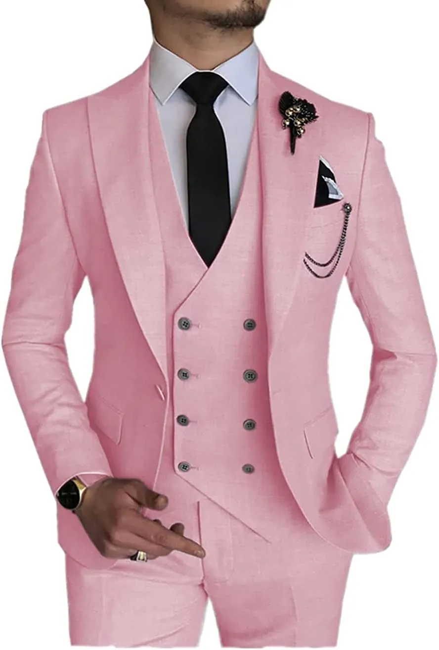 Mens Suit Slim Fit Double Breasted Vest Solid 3 Piece for Bridegroom Suit(Blazer Vest Pants)