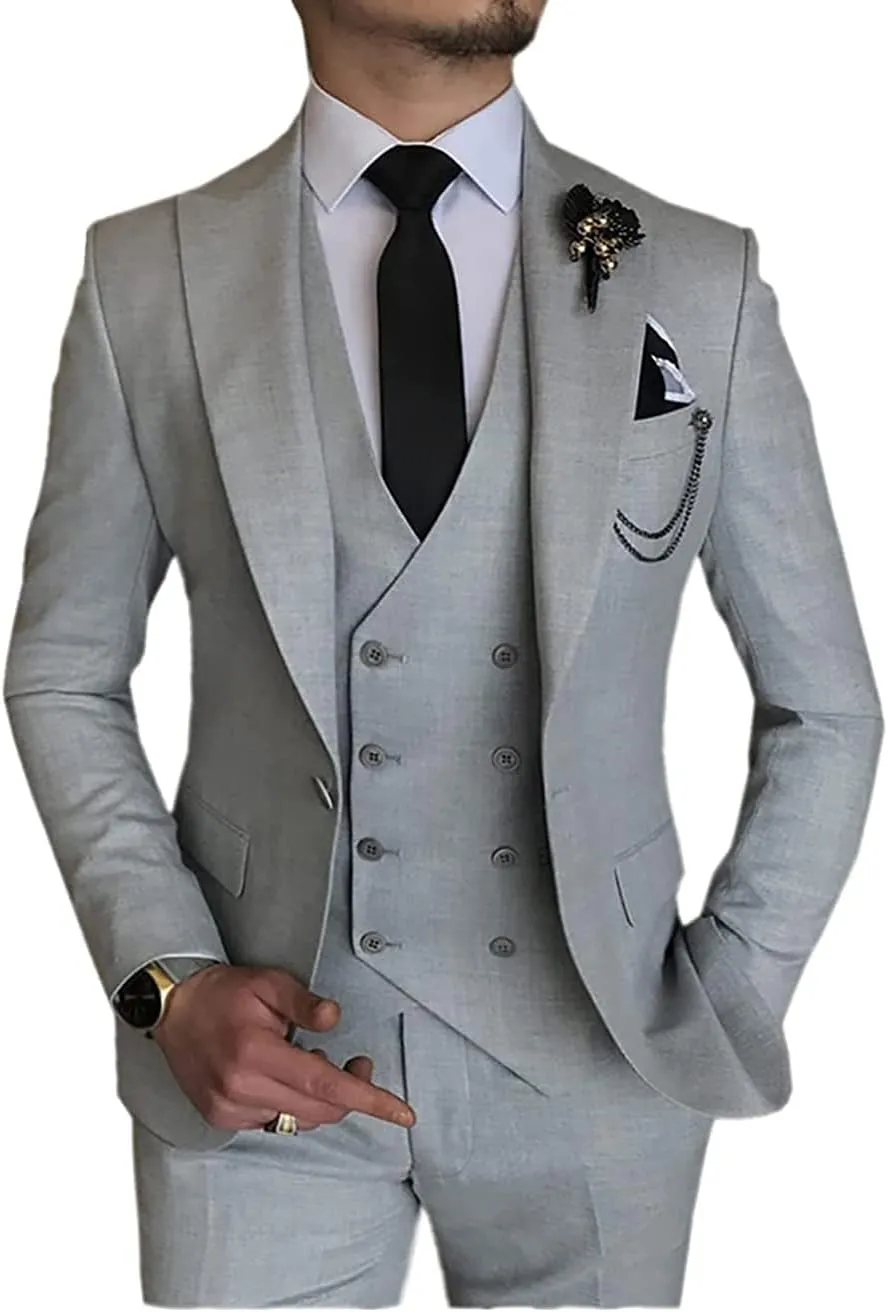 Mens Suit Slim Fit Double Breasted Vest Solid 3 Piece for Bridegroom Suit(Blazer Vest Pants)