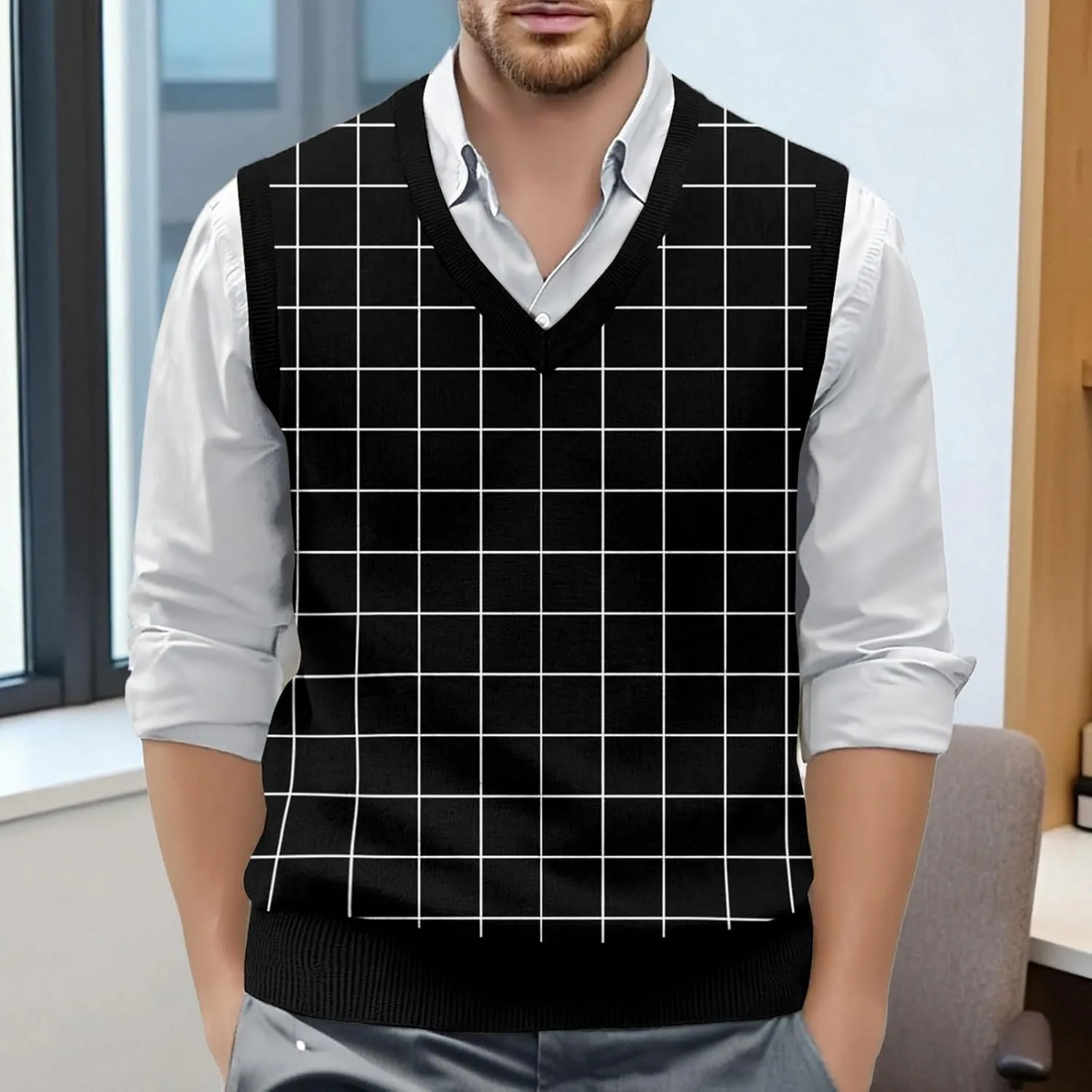Mens V Neck Sleeveless Knit Pullover Argyle Sweater Vest Casual Business Work Slim Fit Lightweight Tank Tops