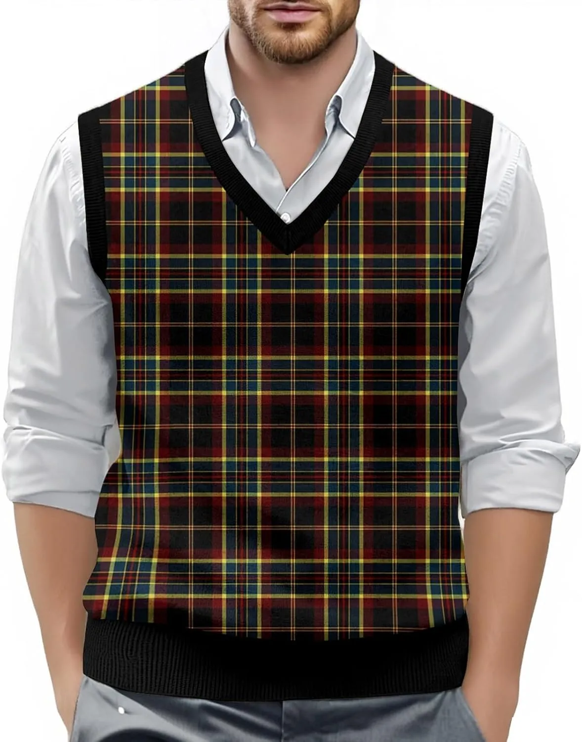 Mens V Neck Sleeveless Knit Pullover Argyle Sweater Vest Casual Business Work Slim Fit Lightweight Tank Tops