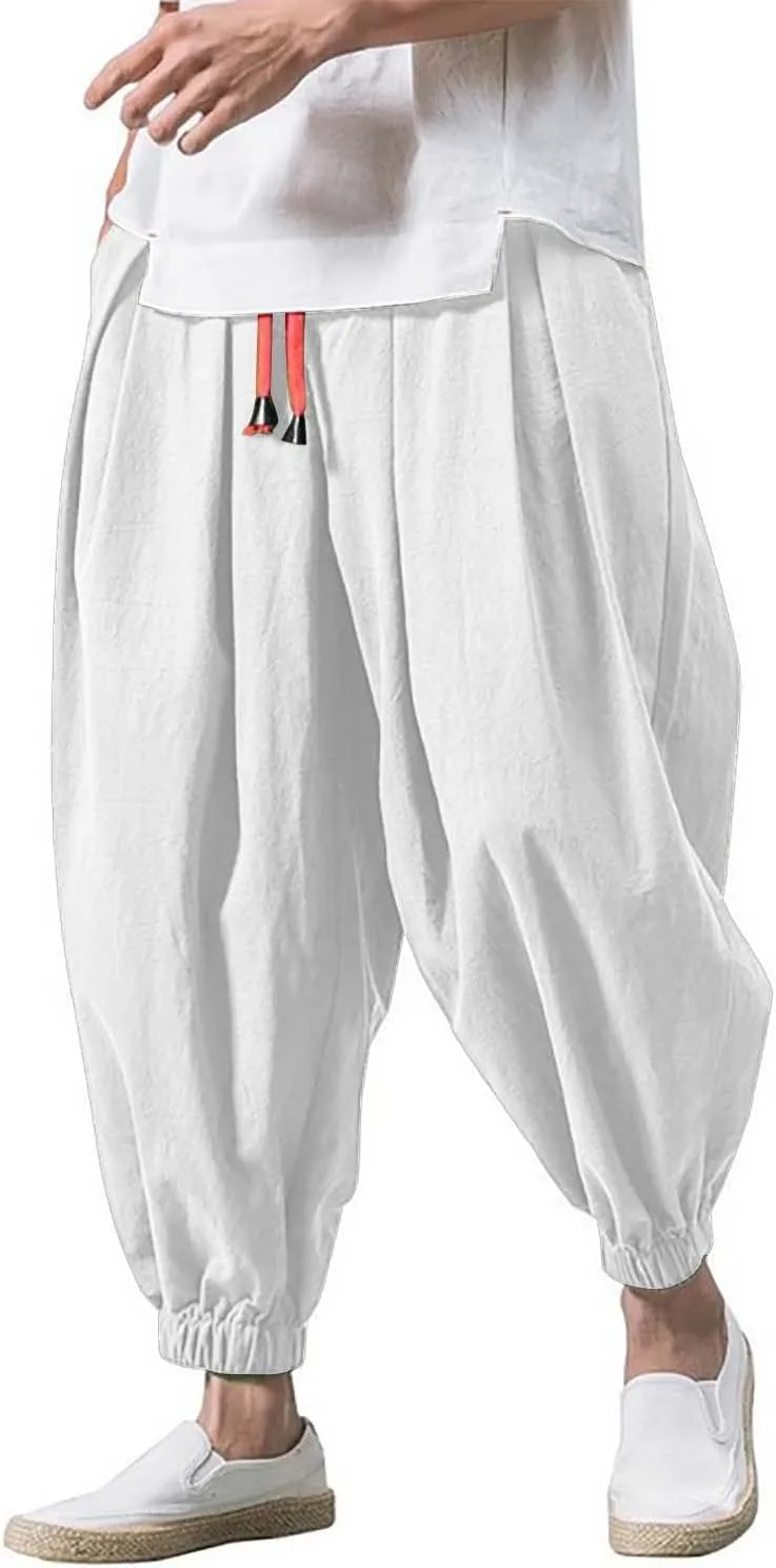Mens Wide Leg Harem Linen Cotton Pants Japanese Loose Fit Pants Casual Baggy Elastic Waist Trouser Streetwear
