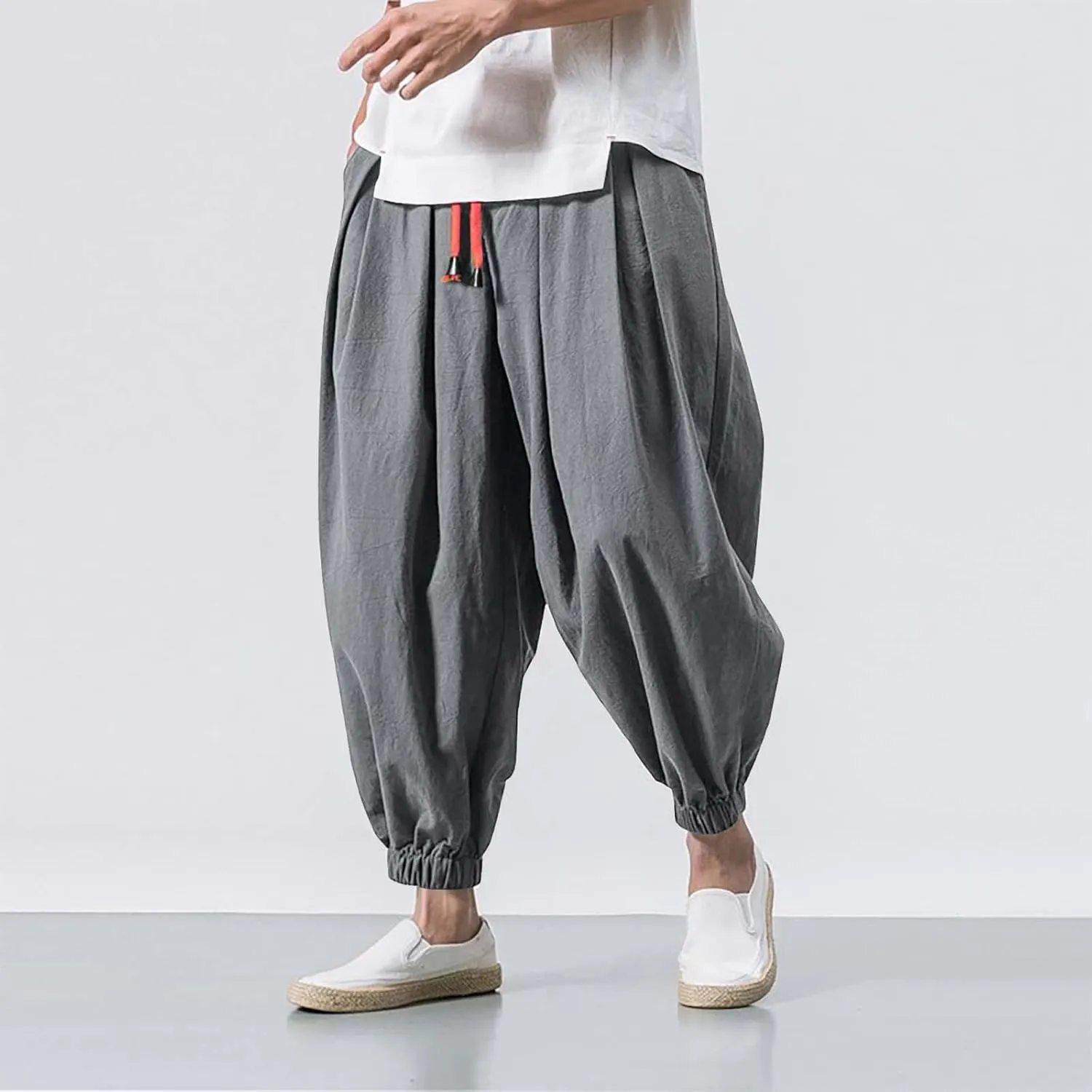 Mens Wide Leg Harem Linen Cotton Pants Japanese Loose Fit Pants Casual Baggy Elastic Waist Trouser Streetwear