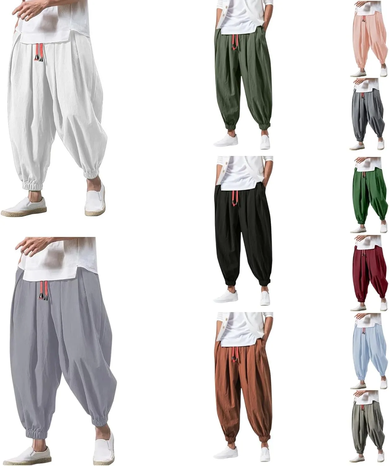 Mens Wide Leg Harem Linen Cotton Pants Japanese Loose Fit Pants Casual Baggy Elastic Waist Trouser Streetwear
