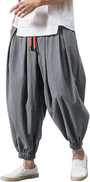 Mens Wide Leg Harem Linen Cotton Pants Japanese Loose Fit Pants Casual Baggy Elastic Waist Trouser Streetwear