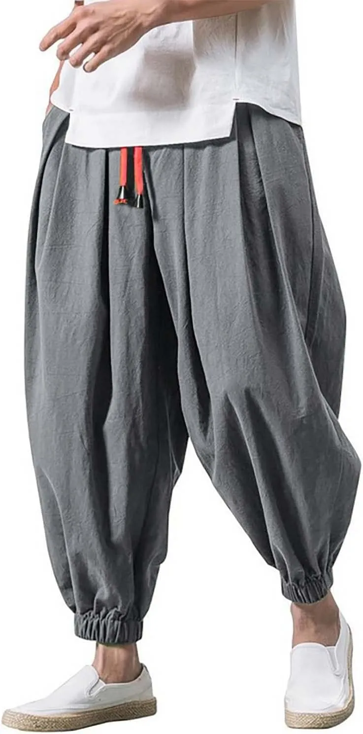Mens Wide Leg Harem Linen Cotton Pants Japanese Loose Fit Pants Casual Baggy Elastic Waist Trouser Streetwear