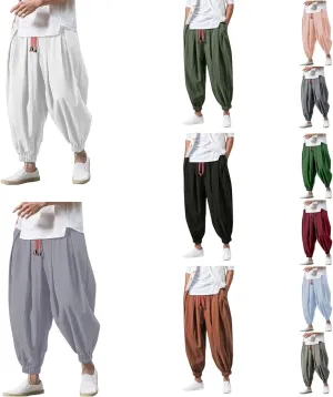 Mens Wide Leg Harem Linen Cotton Pants Japanese Loose Fit Pants Casual Baggy Elastic Waist Trouser Streetwear