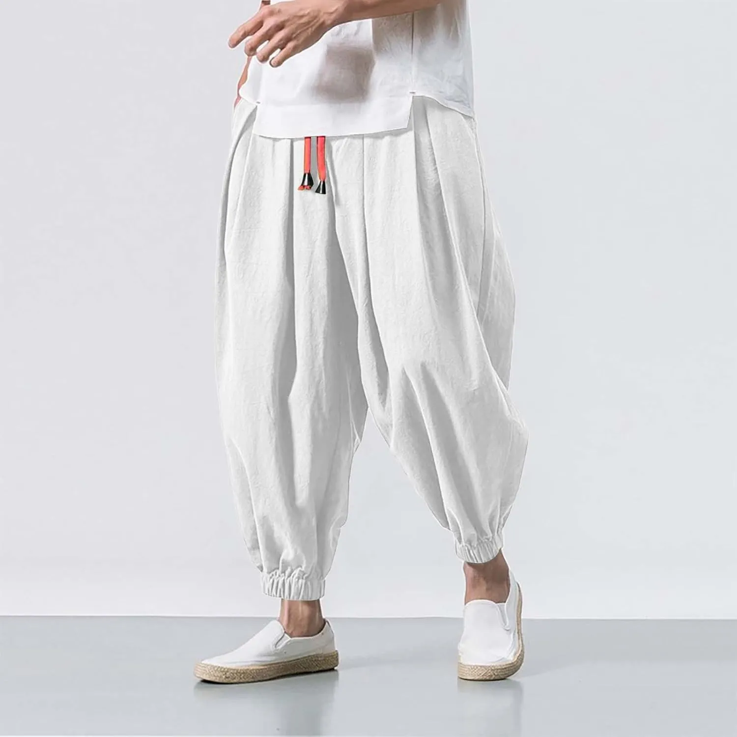 Mens Wide Leg Harem Linen Cotton Pants Japanese Loose Fit Pants Casual Baggy Elastic Waist Trouser Streetwear