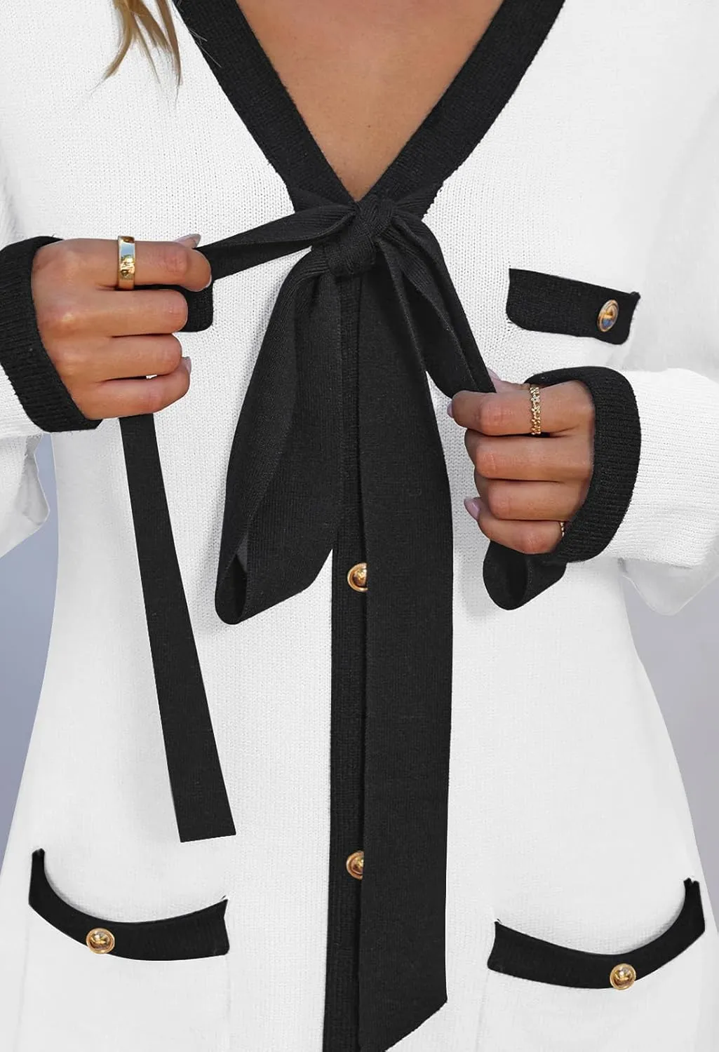 MEROKEETY Women Long Sleeve Color Block Sweater Dress Button Bow Tie Elegant Formal Work Mini Dresses