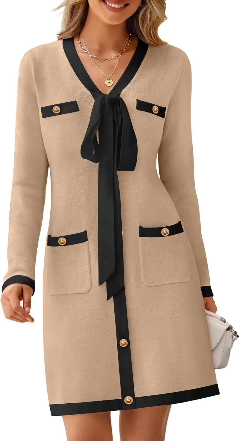 MEROKEETY Women Long Sleeve Color Block Sweater Dress Button Bow Tie Elegant Formal Work Mini Dresses