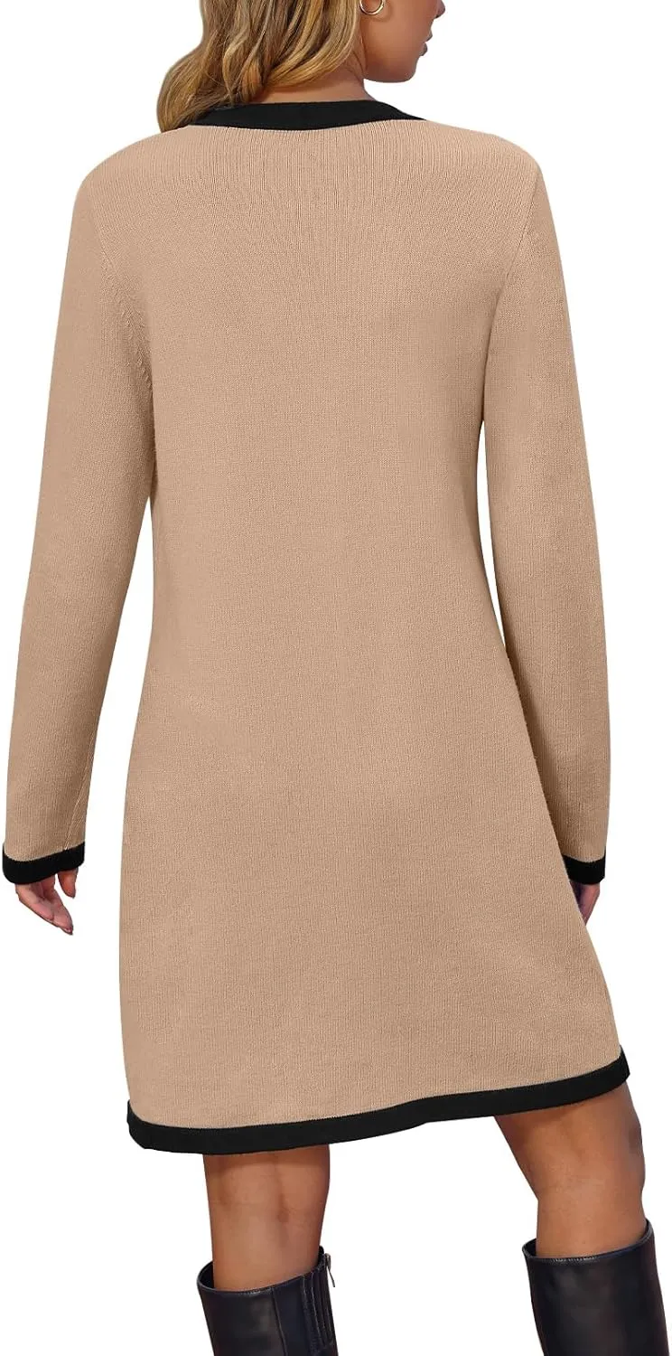 MEROKEETY Women Long Sleeve Color Block Sweater Dress Button Bow Tie Elegant Formal Work Mini Dresses