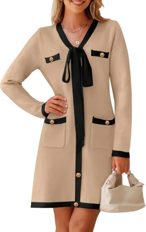 MEROKEETY Women Long Sleeve Color Block Sweater Dress Button Bow Tie Elegant Formal Work Mini Dresses