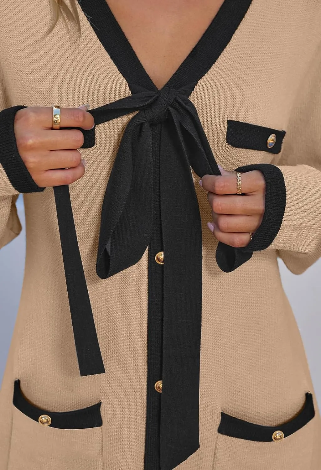 MEROKEETY Women Long Sleeve Color Block Sweater Dress Button Bow Tie Elegant Formal Work Mini Dresses