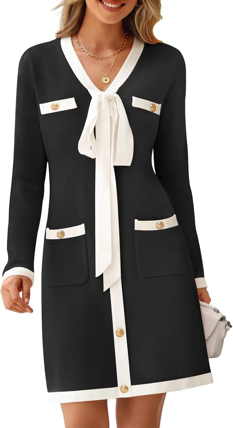 MEROKEETY Women Long Sleeve Color Block Sweater Dress Button Bow Tie Elegant Formal Work Mini Dresses