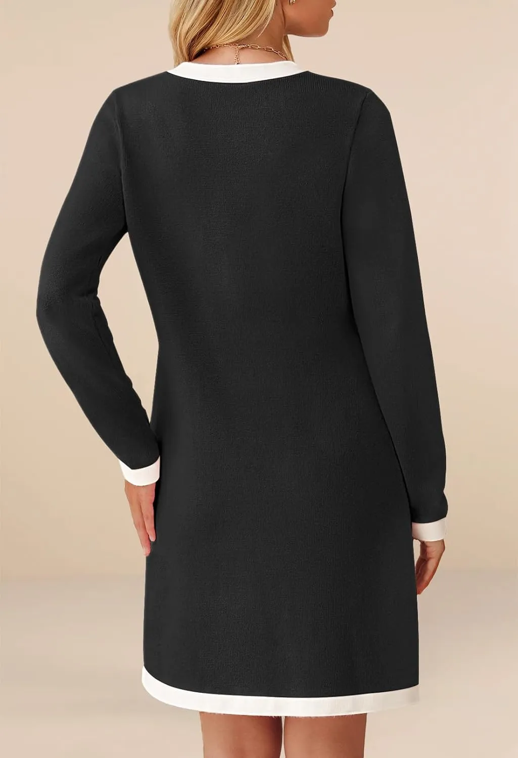 MEROKEETY Women Long Sleeve Color Block Sweater Dress Button Bow Tie Elegant Formal Work Mini Dresses