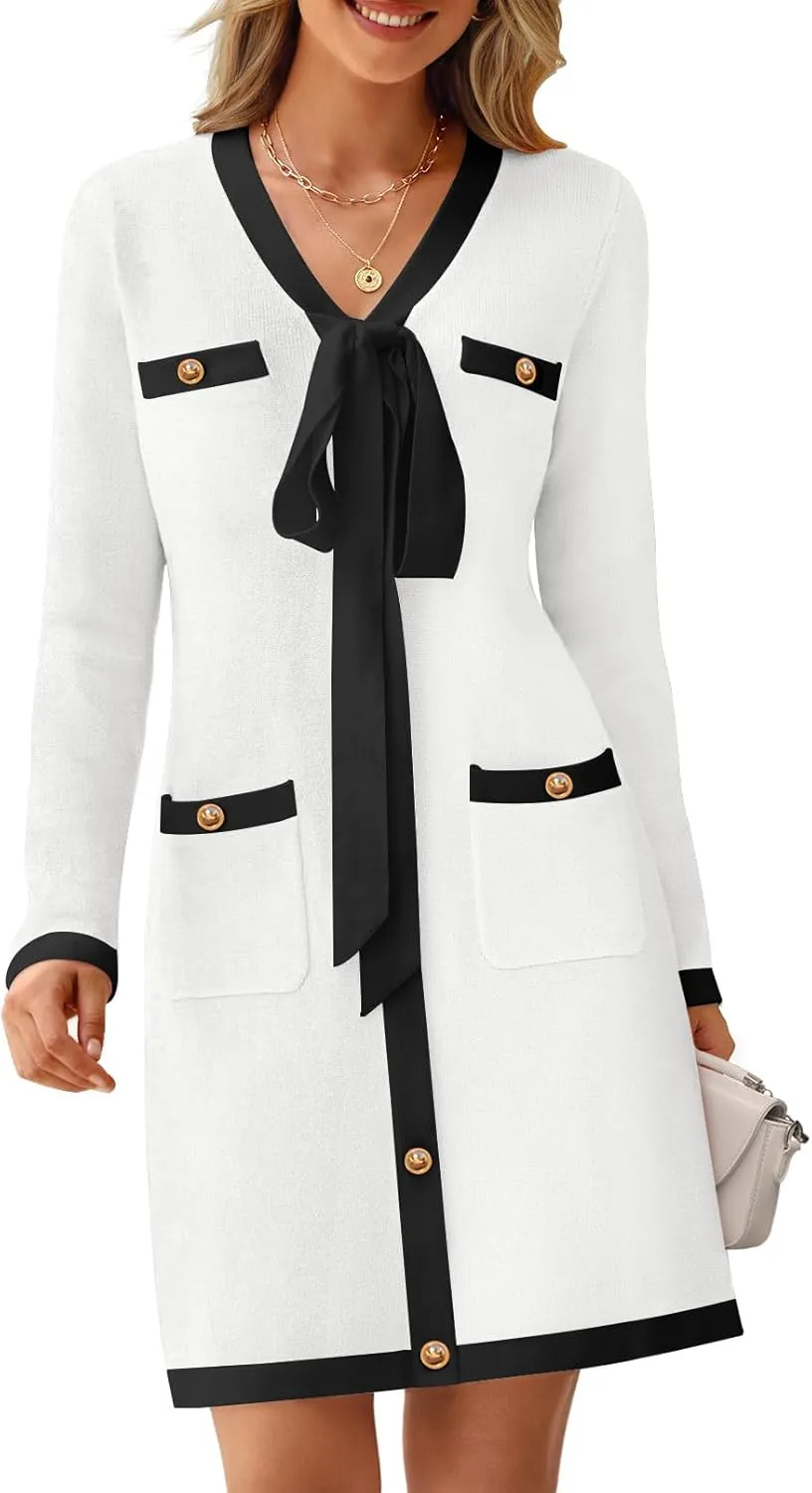 MEROKEETY Women Long Sleeve Color Block Sweater Dress Button Bow Tie Elegant Formal Work Mini Dresses