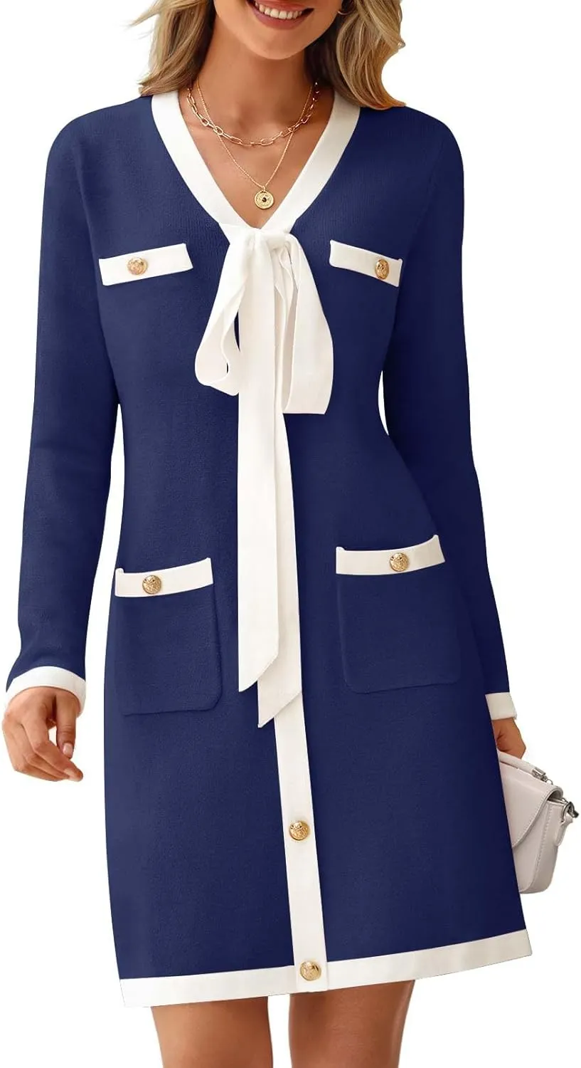 MEROKEETY Women Long Sleeve Color Block Sweater Dress Button Bow Tie Elegant Formal Work Mini Dresses