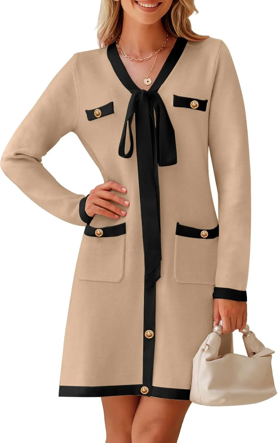 MEROKEETY Women Long Sleeve Color Block Sweater Dress Button Bow Tie Elegant Formal Work Mini Dresses