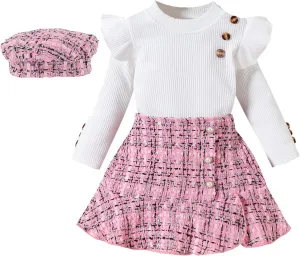 Miipat Toddler Girls Fall Winter Outfits Ruffle Knit Button Tops Plaid Mini Skorts 2Pcs Long Sleeve Set