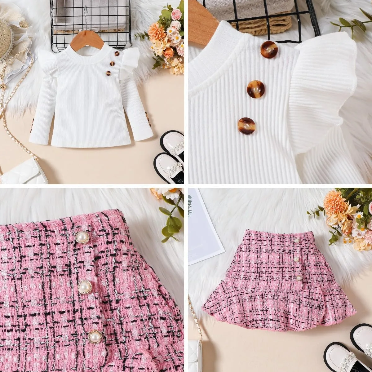 Miipat Toddler Girls Fall Winter Outfits Ruffle Knit Button Tops Plaid Mini Skorts 2Pcs Long Sleeve Set