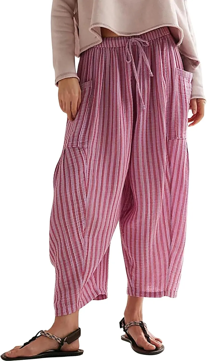 MISSACTIVER Women Summer Striped Harem Pants Flowy Baggy Casual Wide Leg Trousers Drawstring Boho Palazzo Pants with Pockets