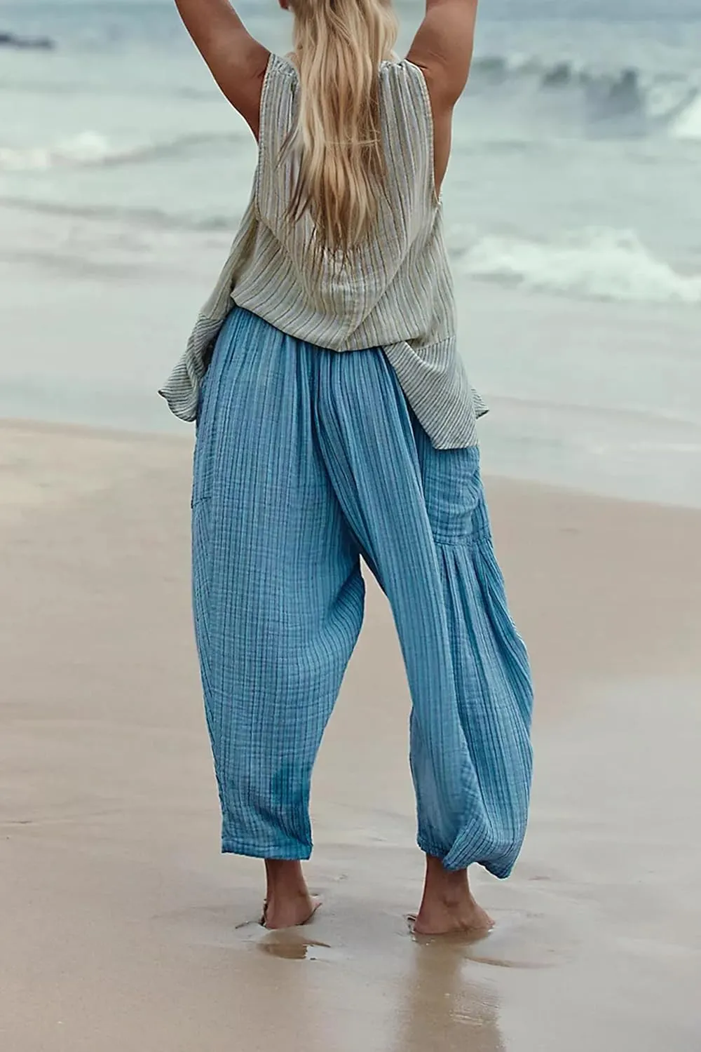 MISSACTIVER Women Summer Striped Harem Pants Flowy Baggy Casual Wide Leg Trousers Drawstring Boho Palazzo Pants with Pockets
