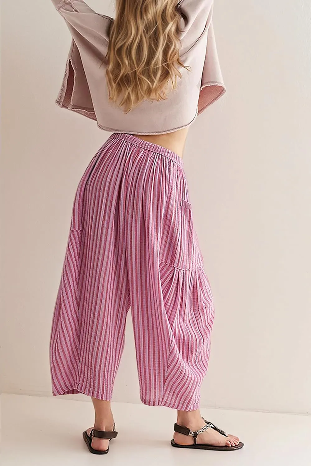 MISSACTIVER Women Summer Striped Harem Pants Flowy Baggy Casual Wide Leg Trousers Drawstring Boho Palazzo Pants with Pockets