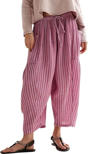 MISSACTIVER Women Summer Striped Harem Pants Flowy Baggy Casual Wide Leg Trousers Drawstring Boho Palazzo Pants with Pockets