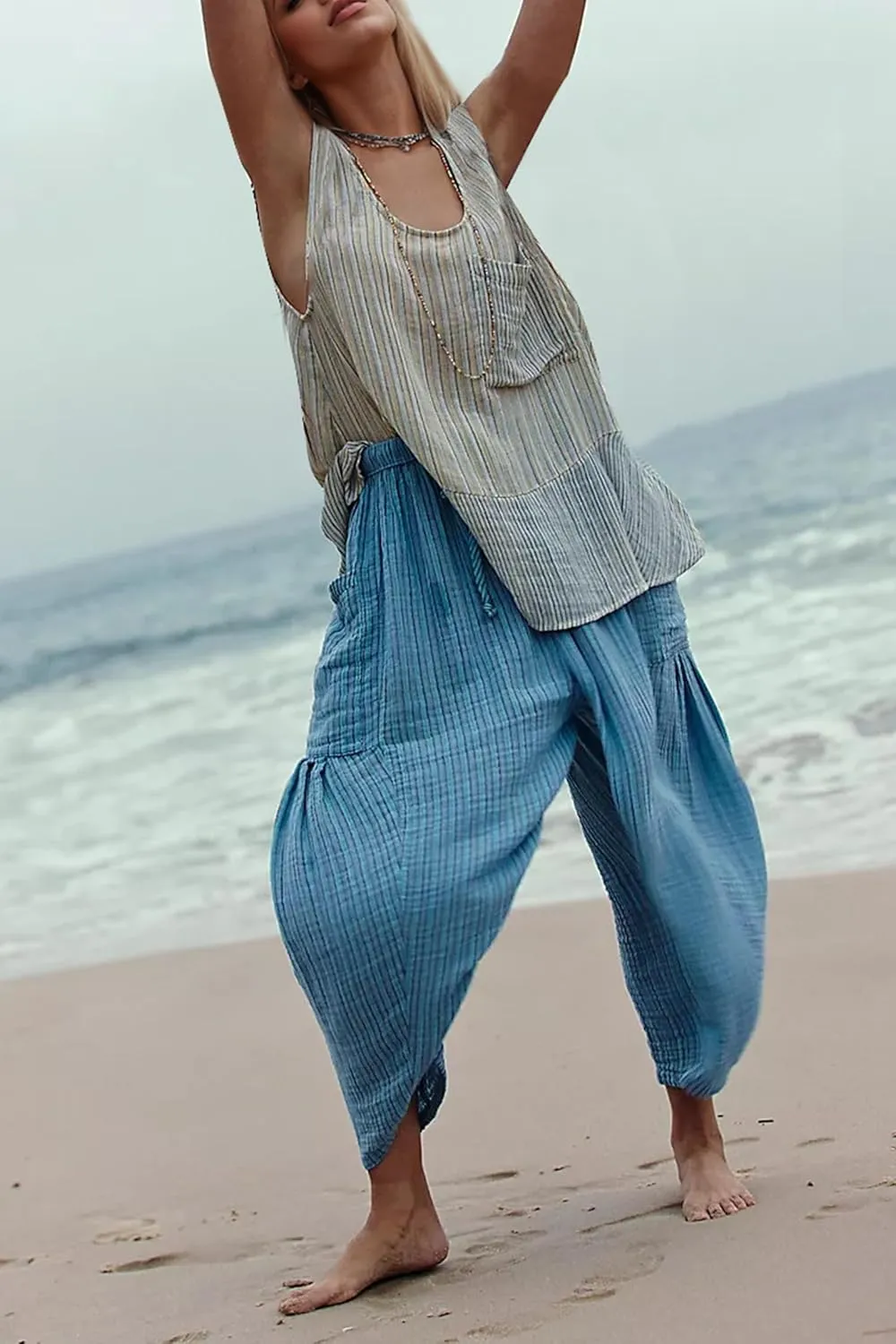 MISSACTIVER Women Summer Striped Harem Pants Flowy Baggy Casual Wide Leg Trousers Drawstring Boho Palazzo Pants with Pockets