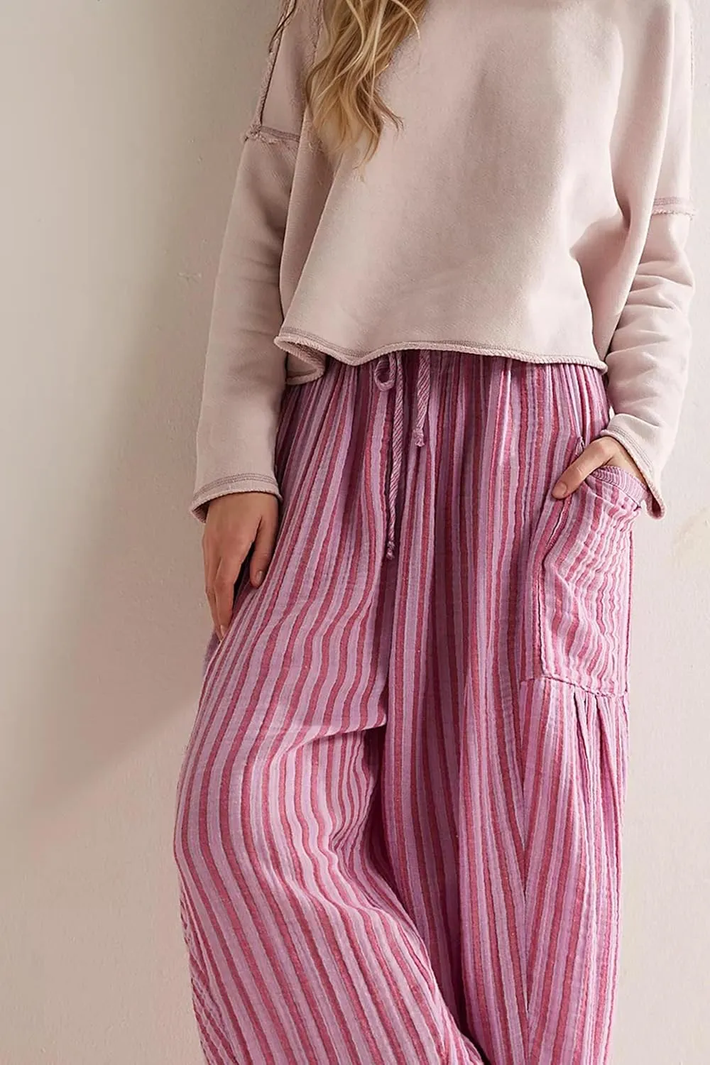 MISSACTIVER Women Summer Striped Harem Pants Flowy Baggy Casual Wide Leg Trousers Drawstring Boho Palazzo Pants with Pockets