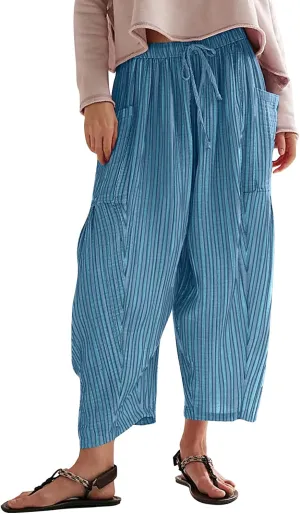 MISSACTIVER Women Summer Striped Harem Pants Flowy Baggy Casual Wide Leg Trousers Drawstring Boho Palazzo Pants with Pockets