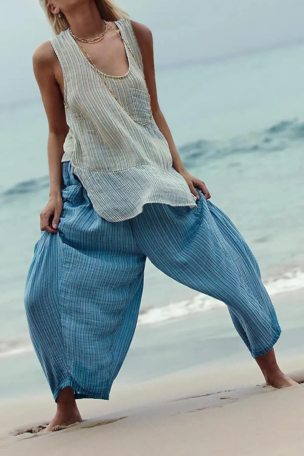 MISSACTIVER Women Summer Striped Harem Pants Flowy Baggy Casual Wide Leg Trousers Drawstring Boho Palazzo Pants with Pockets