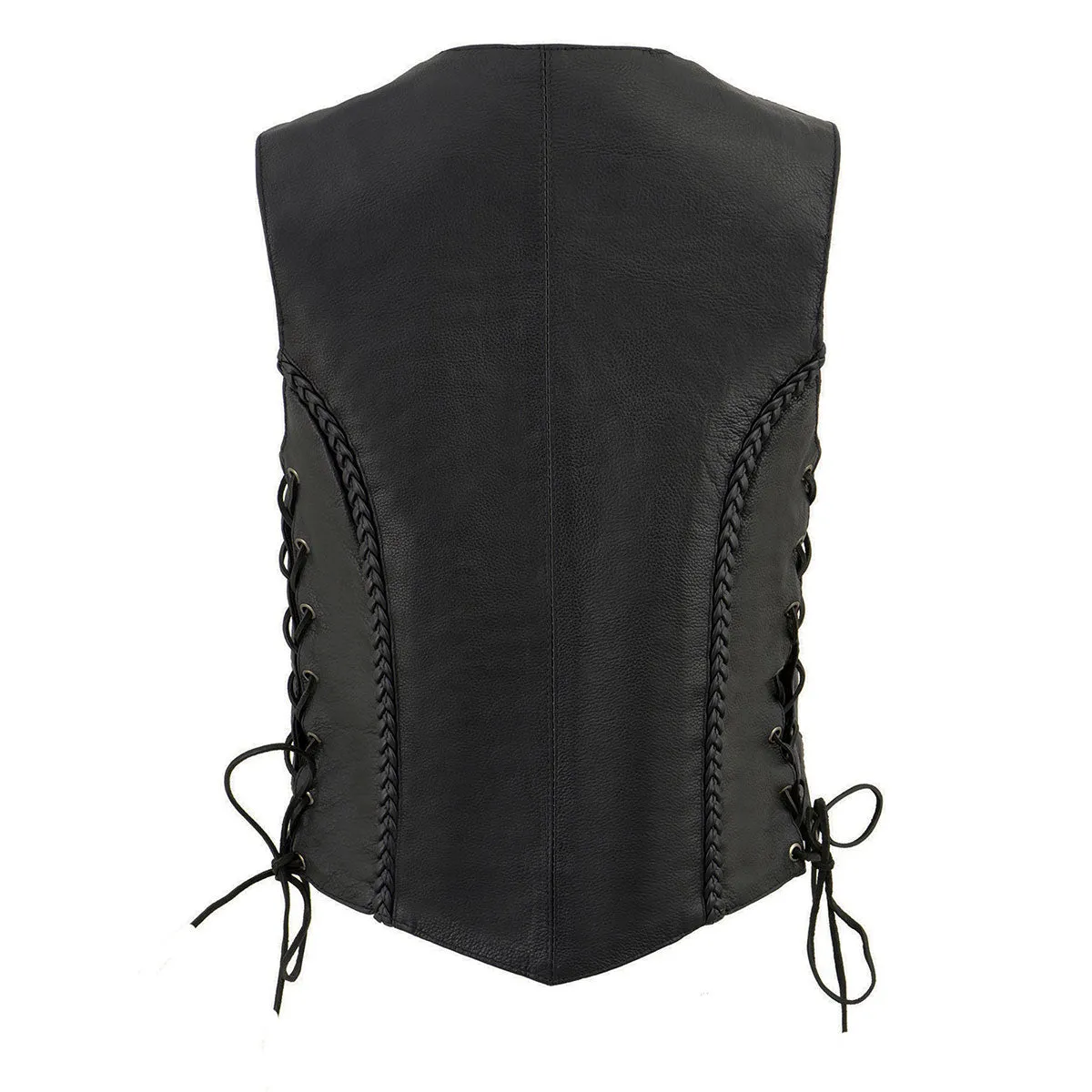 ML1255 Women's Black Braided Naked Leather Side Lace Motorcycle Rider Vest W/Front Snap Closure