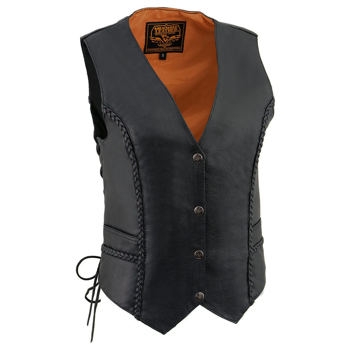 ML1255 Women's Black Braided Naked Leather Side Lace Motorcycle Rider Vest W/Front Snap Closure