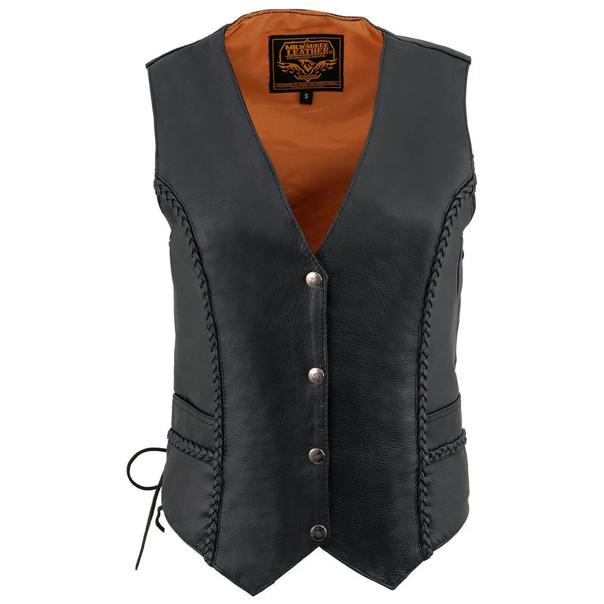 ML1255 Women's Black Braided Naked Leather Side Lace Motorcycle Rider Vest W/Front Snap Closure