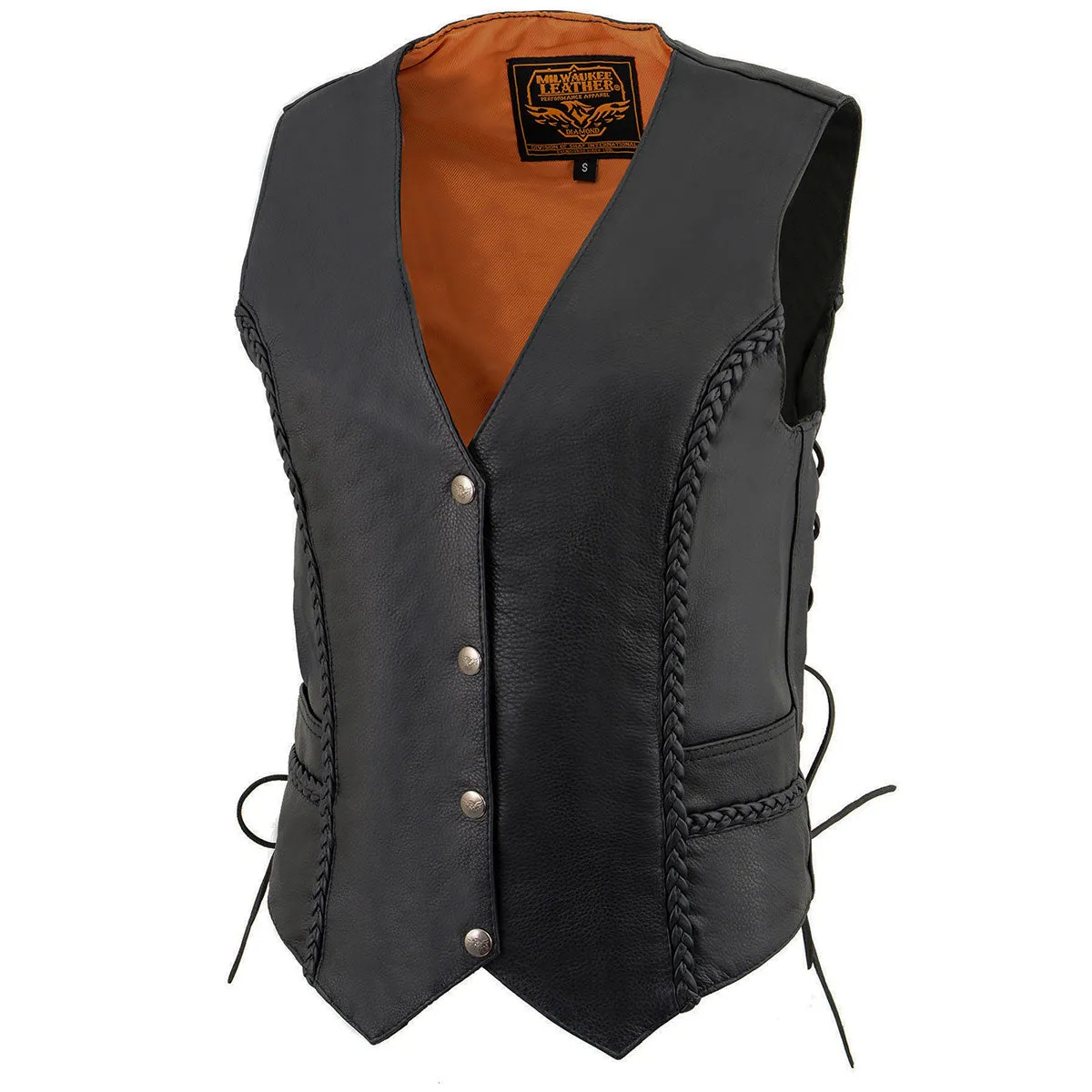 ML1255 Women's Black Braided Naked Leather Side Lace Motorcycle Rider Vest W/Front Snap Closure