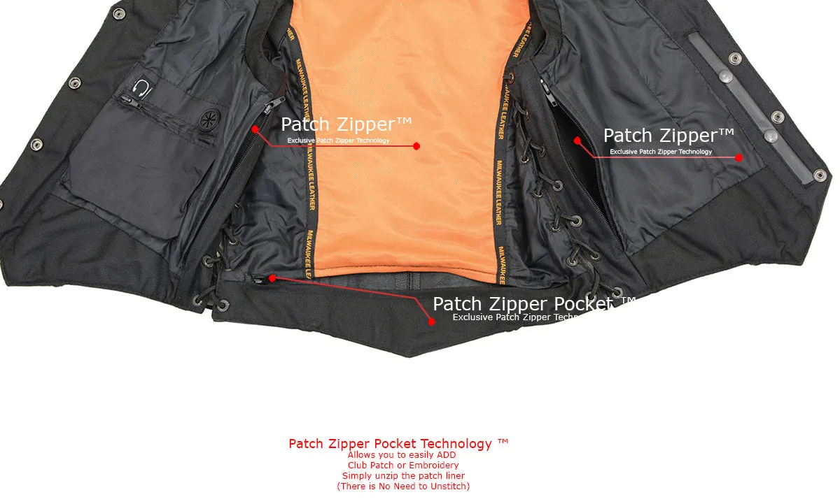 ML1255 Women's Black Braided Naked Leather Side Lace Motorcycle Rider Vest W/Front Snap Closure