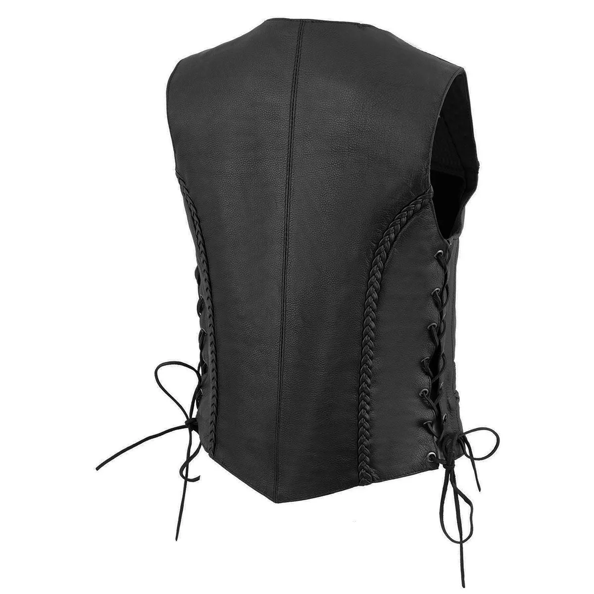 ML1255 Women's Black Braided Naked Leather Side Lace Motorcycle Rider Vest W/Front Snap Closure
