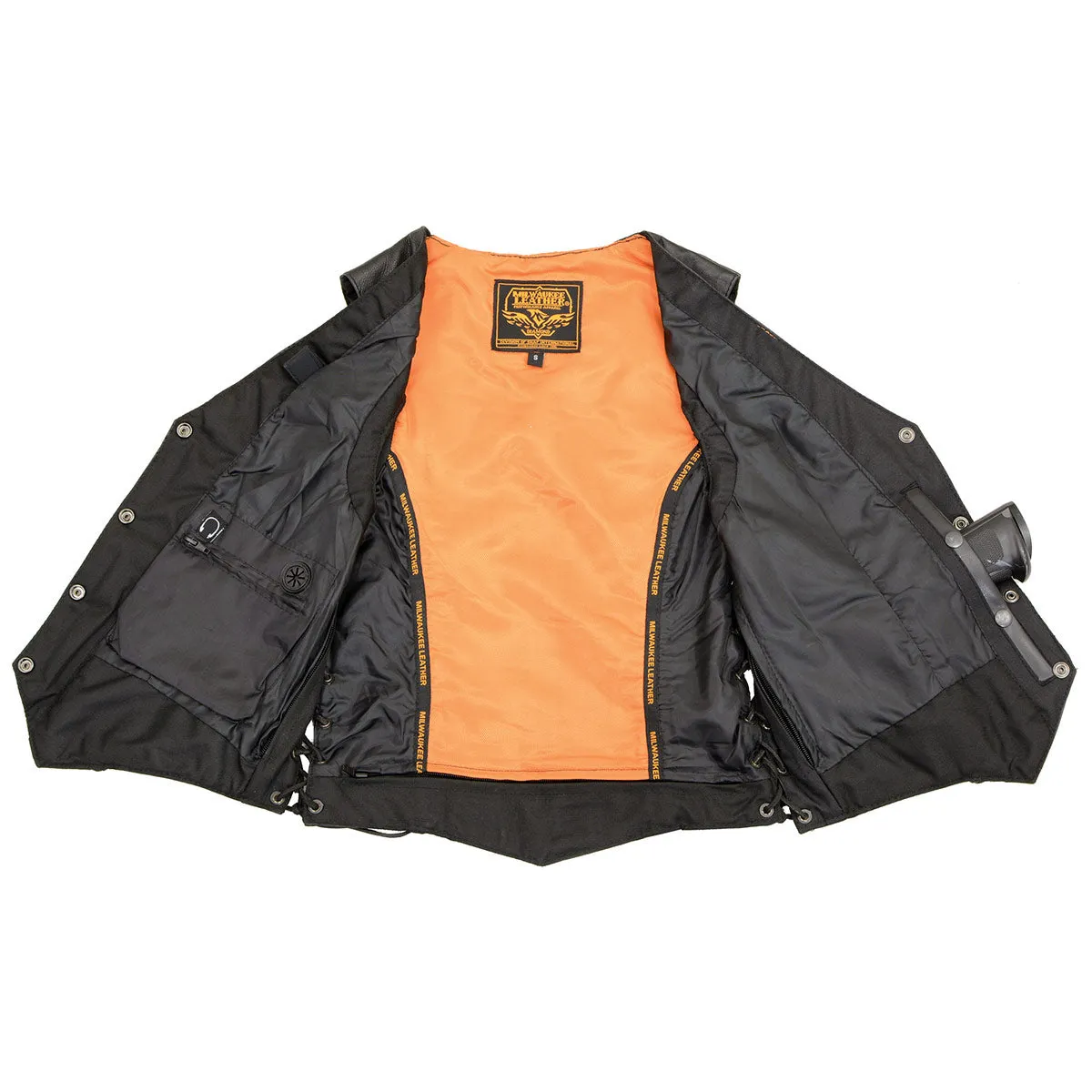 ML1255 Women's Black Braided Naked Leather Side Lace Motorcycle Rider Vest W/Front Snap Closure