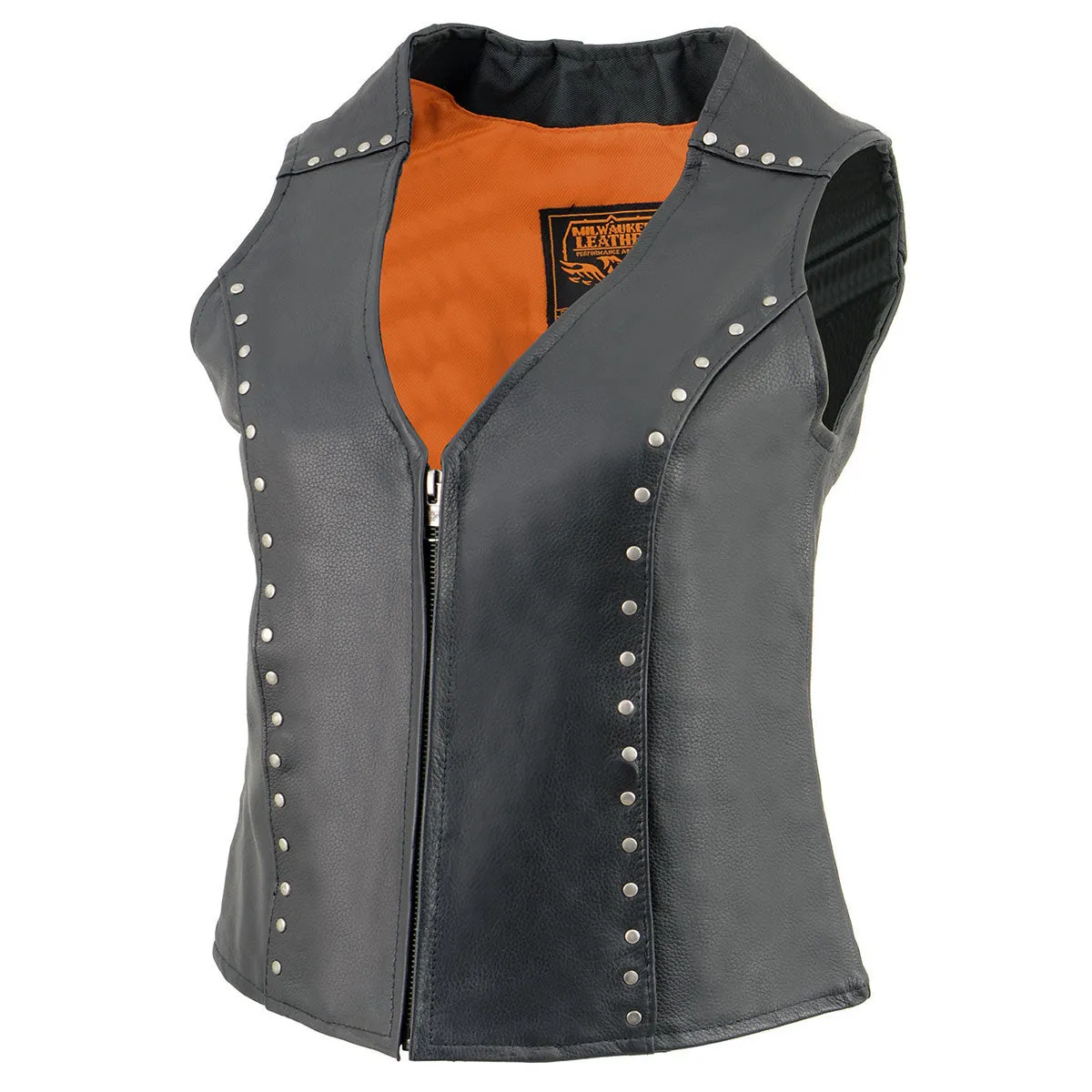 ML2078 Women's Black Naked Leather Motorcycle Rider Vest- Studding Detail with Front Zip Closure