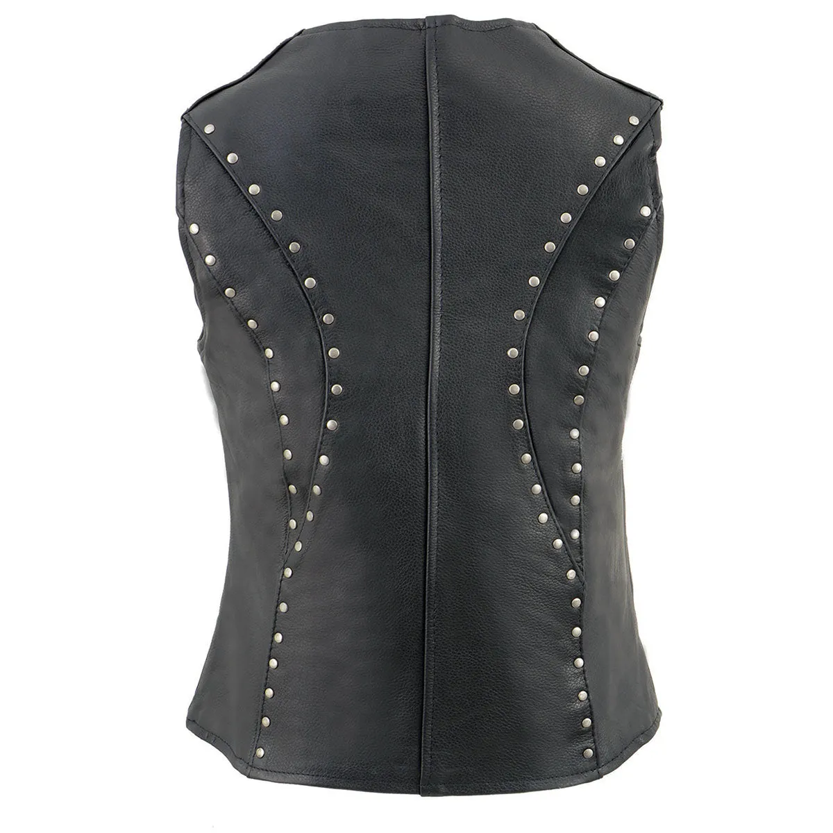 ML2078 Women's Black Naked Leather Motorcycle Rider Vest- Studding Detail with Front Zip Closure