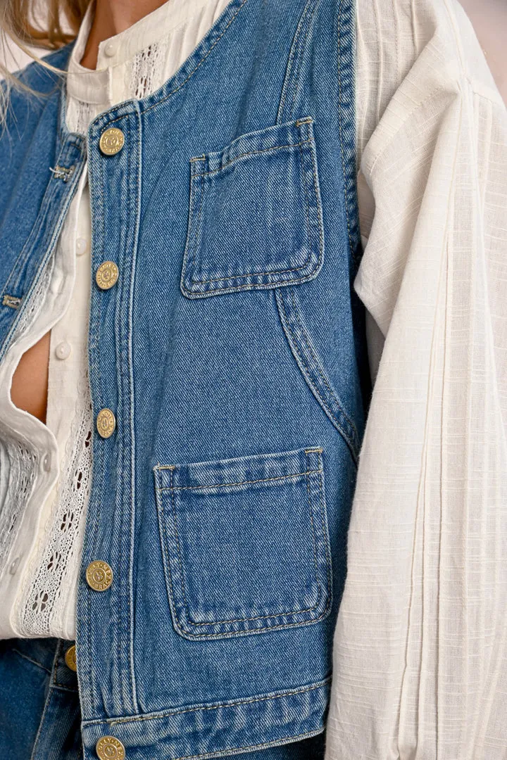 Molly Bracken Denim Blue Sleeveless Jacket