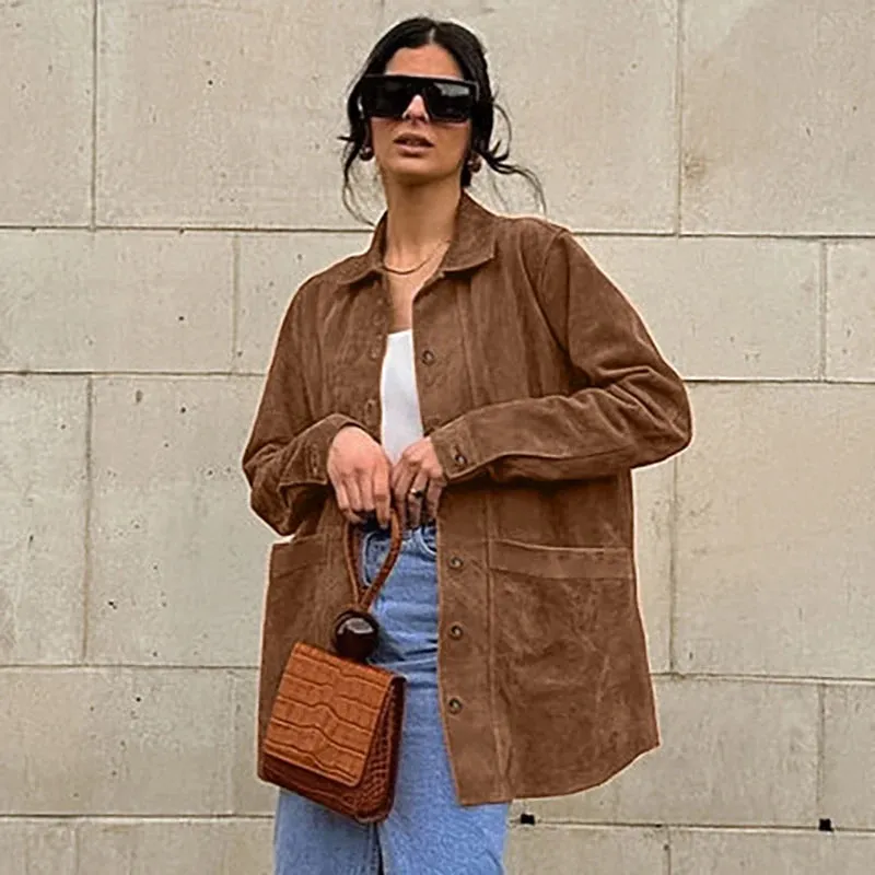 MQTIME  -  Fashion Suede Turn Down Collar Coat for Women Casual Single Breasted Pocket Loose Female Jackets 2024 Autumn Winter Lady Coats