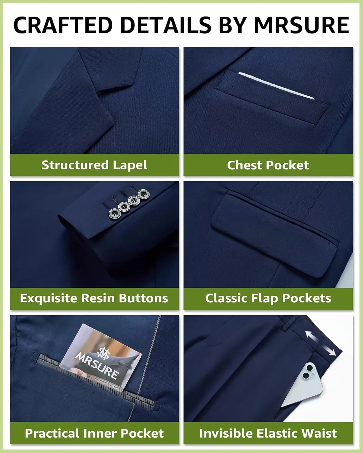 MrSure Men's 2 Piece Slim Fit Suit with Two-Button, Solid Stretch Jacket Pants & Tie Set.