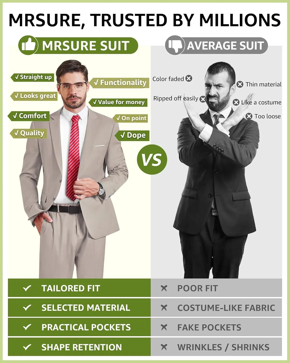 MrSure Men's 2 Piece Slim Fit Suit with Two-Button, Solid Stretch Jacket Pants & Tie Set.
