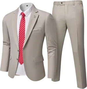 MrSure Men's 2 Piece Slim Fit Suit with Two-Button, Solid Stretch Jacket Pants & Tie Set.